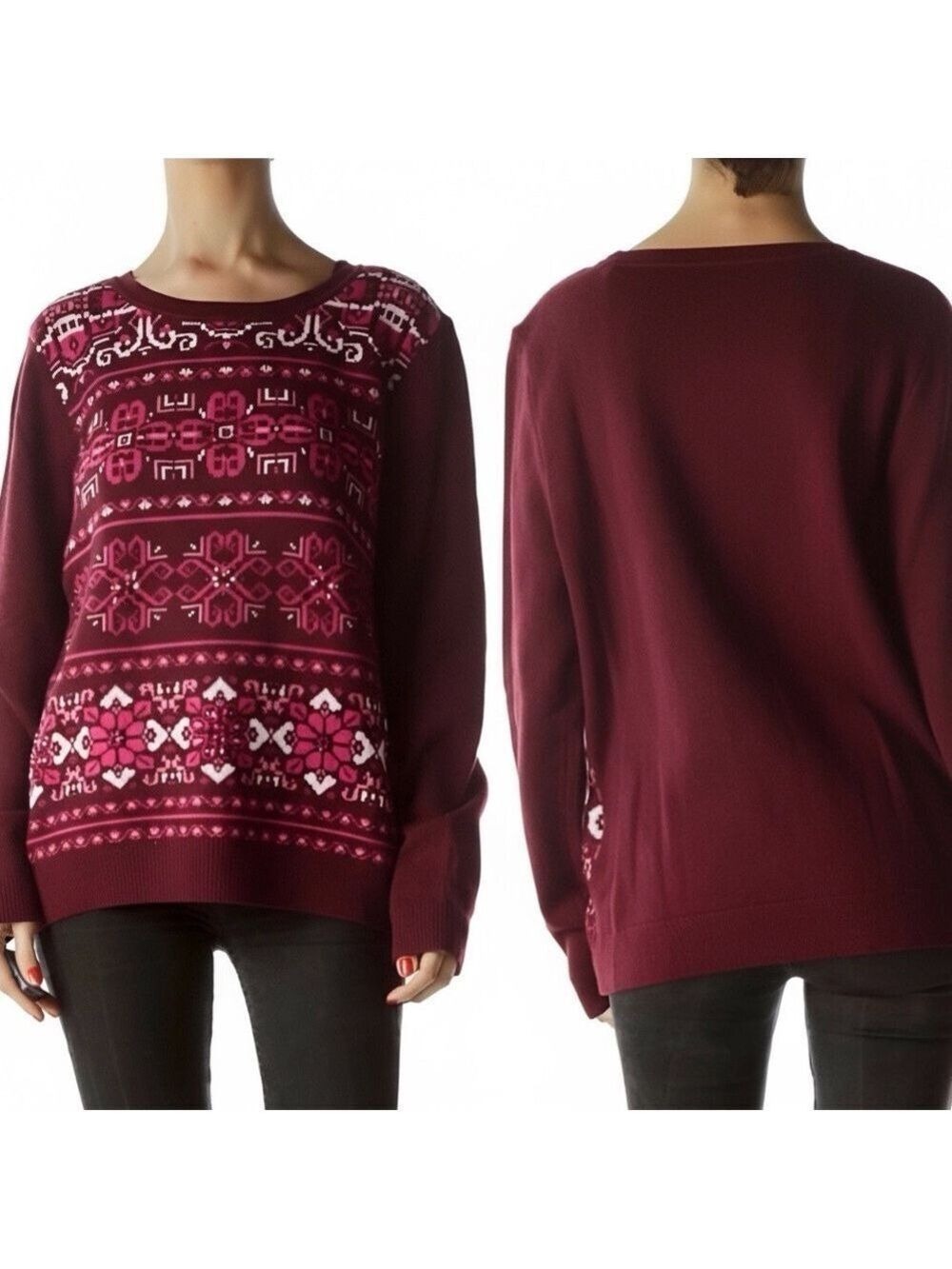 Talbots Fair Isle Burgundy Pink Beaded Knit Pullover Sweater Women’s Size Medium